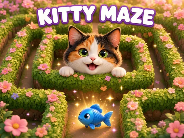 Kitty Maze cover: a calico kitten peeking over a flower hedge maze
